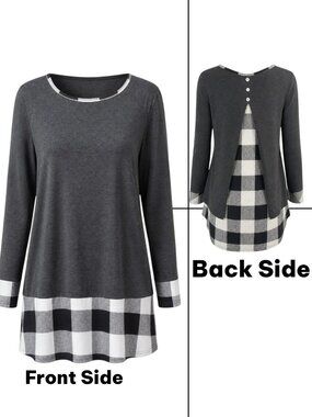 Women Gray with Black/White Checkered Long Sleeve Scoop Neck Soft Shirt Size 1XL